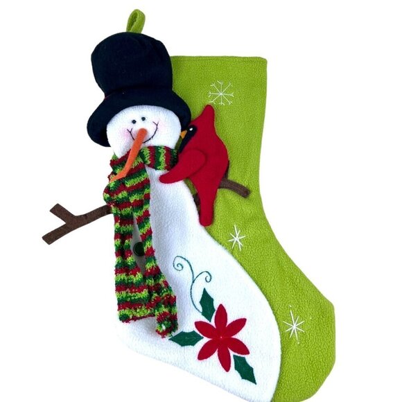 3D Puffy Fleece Snowman Scarf Cardinal Christmas Holiday Stocking Embroidered 17 - Picture 1 of 6